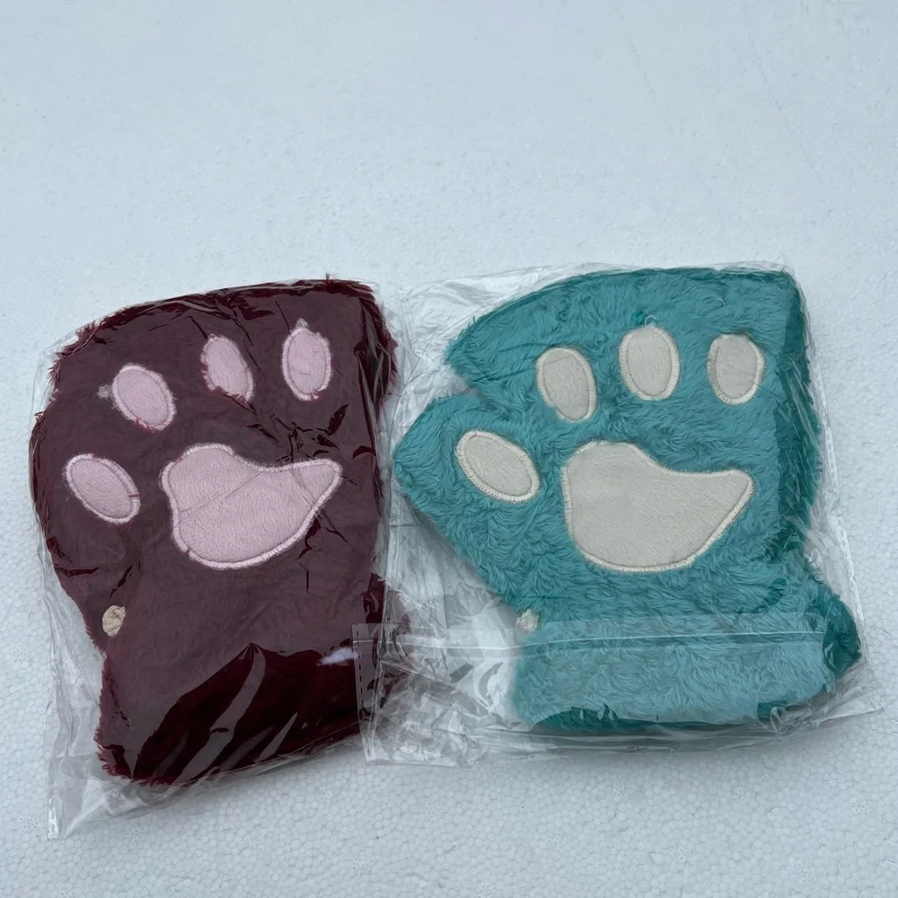 Super Soft Faux Fur Cat Bear Animal Paw Fingerless Gloves NEW Deadstock